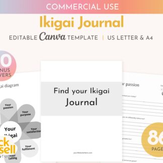 Find your ikigai journal editable Canva template | COMMERCIAL USE | A4/US letter sizes | done for you customisable guided journal