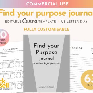 Find your purpose journal editable Canva template | COMMERCIAL USE | A4/US letter sizes | customisable journal using ikigai principles
