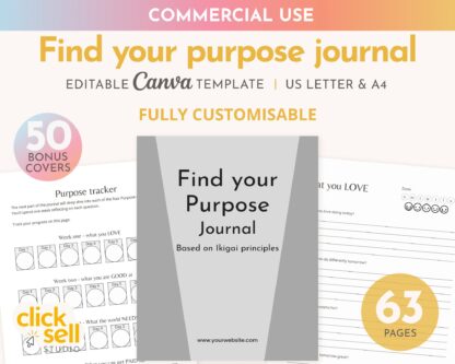 Find your purpose journal editable Canva template | COMMERCIAL USE | A4/US letter sizes | customisable journal using ikigai principles