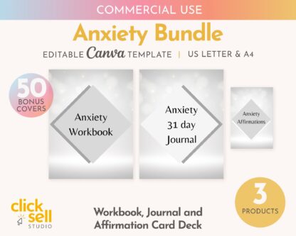Anxiety bundle with workbook, journal and daily affirmations card deck | COMMERCIAL USE | Instant digital download | for anxiety relief