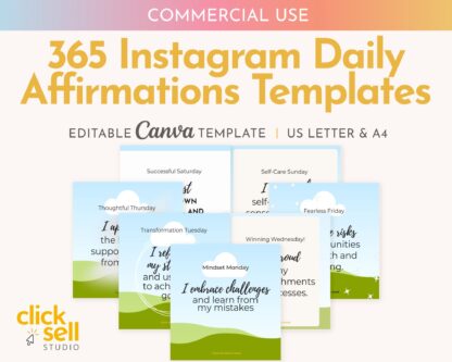 365 Affirmations Instagram post template Editable Canva Template | COMMERCIAL USE | Daily affirmations for audience growth and engagement